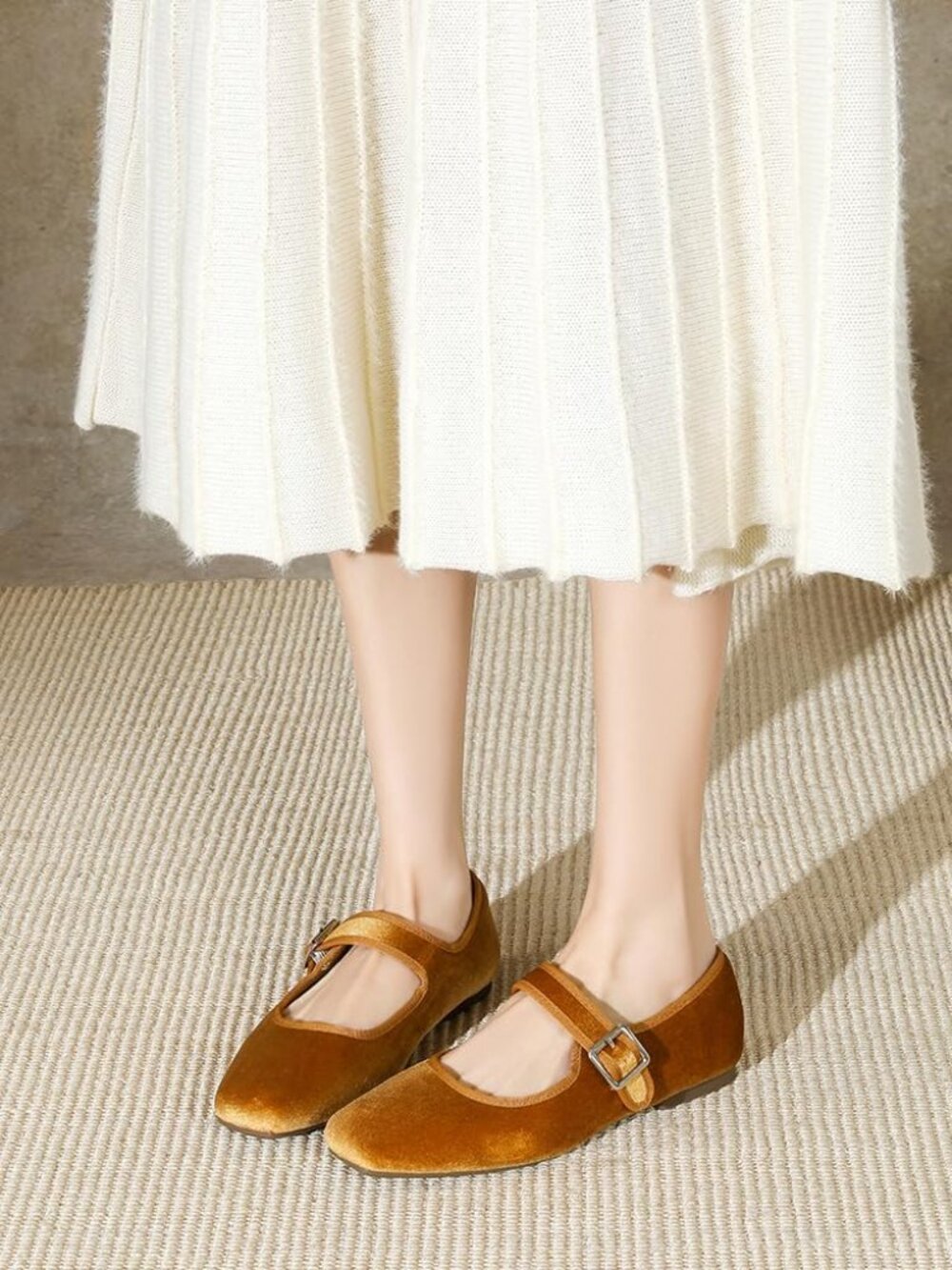 Women's Orange Brown Square Toe Ballet Flats Mary Jane Adjustable Strap Shoes - Picture 5 of 6
